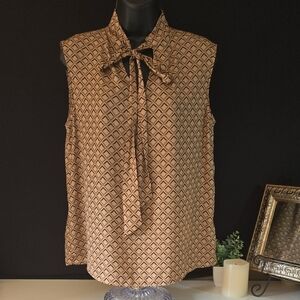 Worthington Size S Brown Geometric Tie Front Blouse Relaxed Fit